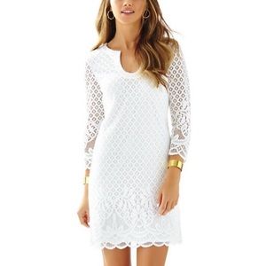 Lilly Pulitzer • Mara Dress Lace Overlay White 3/4 Sleeve Bride Bachelorette EUC